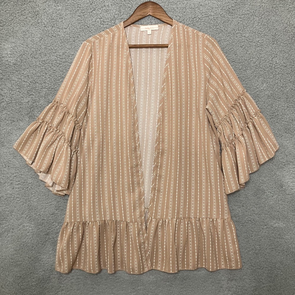 Hailey & Co Open Cardigan Women L Tan Ruffle Bell Sleeve Lightweight Boho Kimono